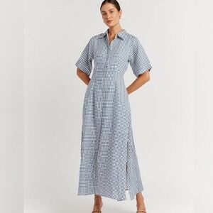 DISSH Dress Gais Cobalt Geo Linen Button Down Shirt Dress Size 12